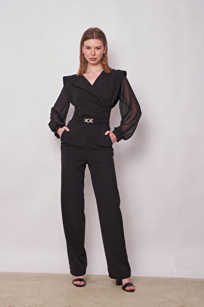 Kadın Şifon Detaylı Kruvaze Anvelop Uzun Kol Beli Bağcıklı Hafifi Likralı Krep Kumaş Tulum-Siyah