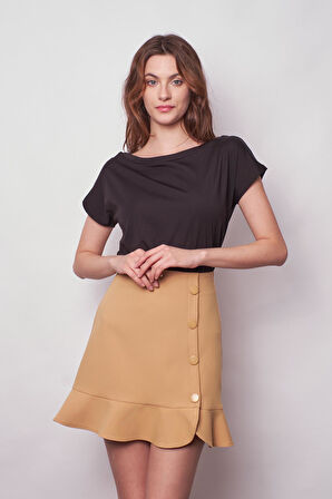 Kadın Yüksek Bel Önü Düğmeli Volanlı Hafif Mini Etek-Hardal 