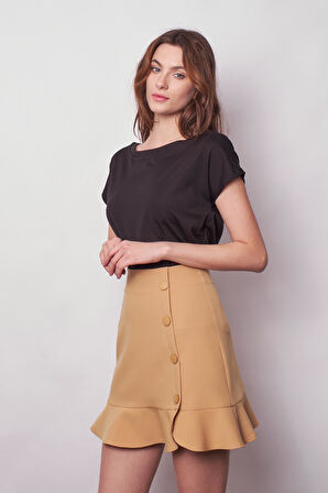 Kadın Yüksek Bel Önü Düğmeli Volanlı Hafif Mini Etek-Hardal 