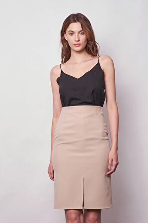 Kadın Yüksek Bel Önden Yırtmaçlı Hafif Likralı Şık Kumaş Diz Altı Ofis Kalem Etek-Taş