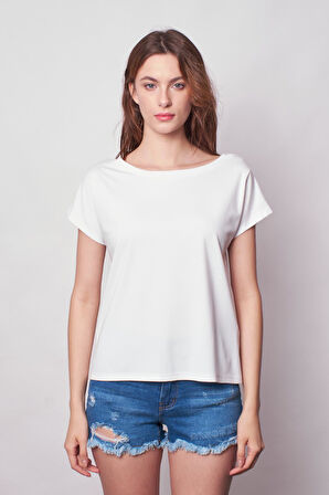 Kadın Kayık Yaka Düşük Omuzlu Kırışmaz Span Karışımlı Şık T-shirt Bluz-Krem