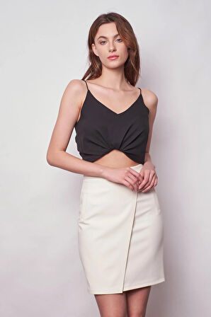 Yüksek Bel Anvelop Kruvaze Hafif Likralı Kumaş Kalem Ofis Etek-Krem