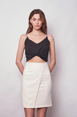 Yüksek Bel Anvelop Kruvaze Hafif Likralı Kumaş Kalem Ofis Etek-Krem