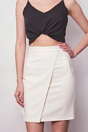 Yüksek Bel Anvelop Kruvaze Hafif Likralı Kumaş Kalem Ofis Etek-Krem