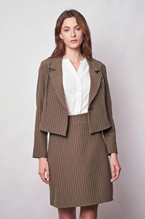 Kadın Çizgili Yakalı Uzun Kol Hafif Likralı Kumaş Kısa Blazer Ceket-Haki Çizgi