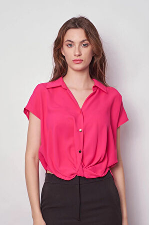 Likrasız Şık Kumaş Yakalı Düşük Omuzlu Önü Pileli Gömlek-Fujya 
