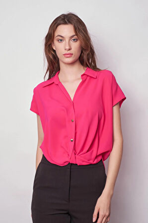 Likrasız Şık Kumaş Yakalı Düşük Omuzlu Önü Pileli Gömlek-Fujya 