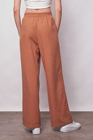 Keten Yüksek Bel Beli Lastikli Yan Cepli Bol Paça Pantolon -Camel 