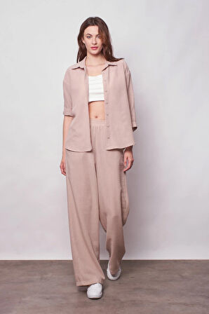 Keten Yüksek Bel Beli Lastikli Yan Cepli Bol Paça Pantolon -Taş 