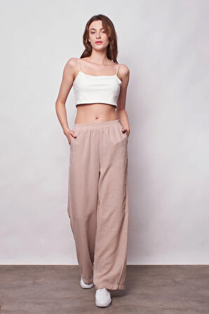 Keten Yüksek Bel Beli Lastikli Yan Cepli Bol Paça Pantolon -Taş 