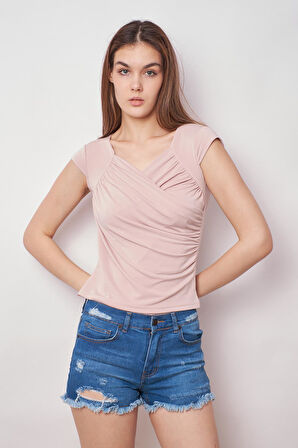 Likralı Şık Krep Kumaş Kruvaze Anvelop Önü Büzgülü Kelebek Kol Body Bluz-Açık Bej 