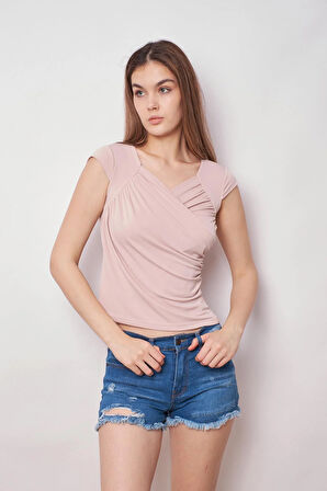 Likralı Şık Krep Kumaş Kruvaze Anvelop Önü Büzgülü Kelebek Kol Body Bluz-Açık Bej 