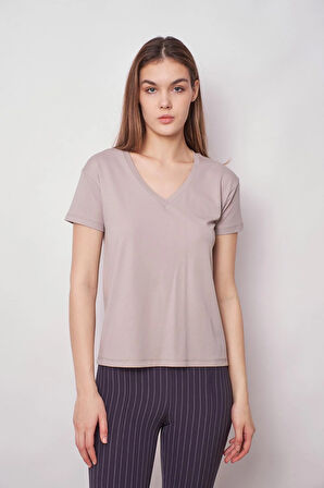 Kadın V Yaka Kısa Kol Likralı Kumaş Şık T-shirt Bluz-Gri