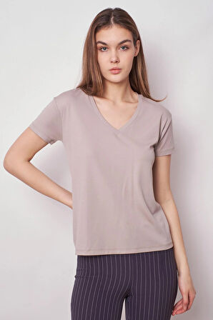 Kadın V Yaka Kısa Kol Likralı Kumaş Şık T-shirt Bluz-Gri