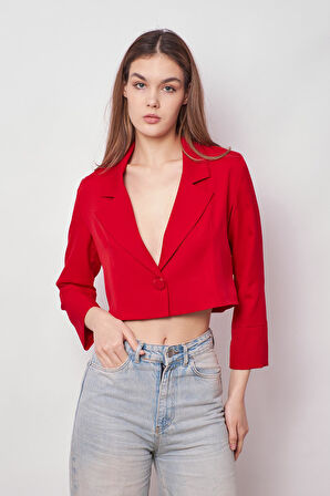 Kadın Kruvaze Anvelop Hafif Likralı Kumaş Crop Kısa Blazer Ceket-Kırmızı 