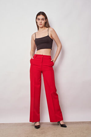 Yüksek Bel Yan Cepli Bol Paça Hafif Esnek Dokuma Kumaş Palazzo Pantolon-Kırmızı 