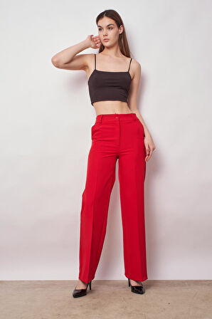 Yüksek Bel Yan Cepli Bol Paça Hafif Esnek Dokuma Kumaş Palazzo Pantolon-Kırmızı 