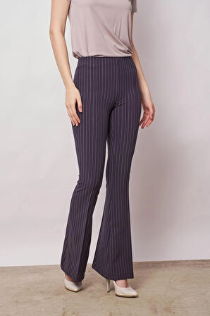 Yüksek Bel Çizgili Ön Arka Dikişili İspanyol Paça Hafif Likralı Kumaş Tayt Pantolon-Lacivert Çizgi