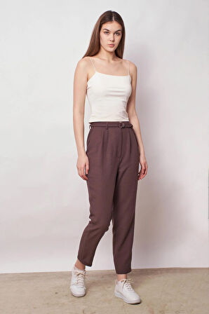 Keten Yüksek Bel Pileli Beli Lastikli Kemerli Boyfriend Pantolon-Kahve