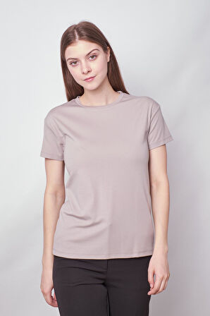 Kadın Sıfır Yaka Kırışmaz Span Karışımlı Şık Kısa Kol Likralı T-shirt Bluz-Gri 