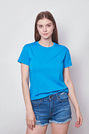 Kadın Sıfır Yaka Kırışmaz Span Karışımlı Şık Kısa Kol Likralı T-shirt Bluz-Mavi 