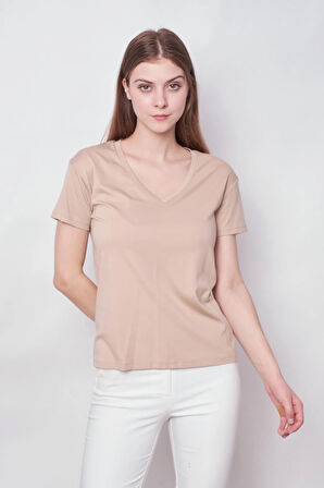 Kadın V Yaka Kısa Kol Likralı Span Kumaş Şık T-shirt Bluz-Koyu Bej
