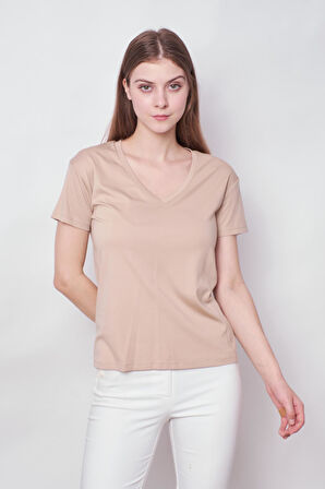 Kadın V Yaka Kısa Kol Likralı Span Kumaş Şık T-shirt Bluz-Koyu Bej