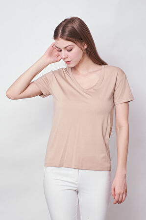 Kadın V Yaka Kısa Kol Likralı Span Kumaş Şık T-shirt Bluz-Koyu Bej