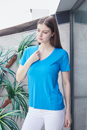 Kadın V Yaka Kısa Kol Likralı Span Kumaş Şık T-shirt Bluz-Mavi 