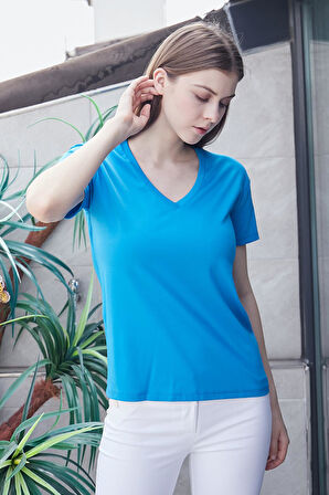 Kadın V Yaka Kısa Kol Likralı Span Kumaş Şık T-shirt Bluz-Mavi 