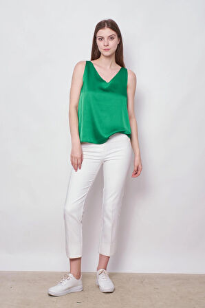 Likrasız Şık Kumaş Kadın Ön Arka V Yaka Kolsuz Ceket İçi Bluz-B.Yeşil 