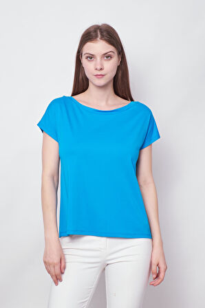 Kadın Kayık Yaka Düşük Omuzlu Kırışmaz Span Karışımlı Şık T-shirt Bluz-Mavi 