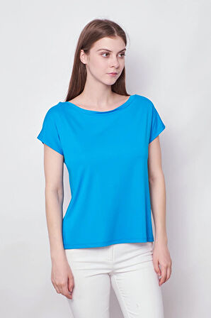 Kadın Kayık Yaka Düşük Omuzlu Kırışmaz Span Karışımlı Şık T-shirt Bluz-Mavi 