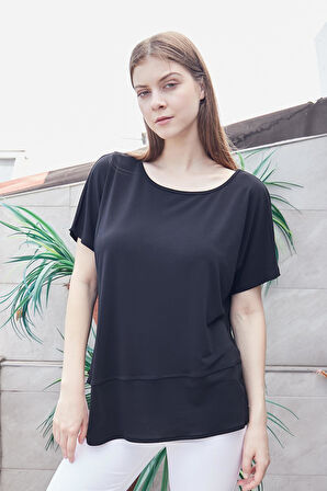 Kadın Likralı Krep Kumaş Kayık Yaka Düşük Omuzlu Asimetrik Bluz-Siyah