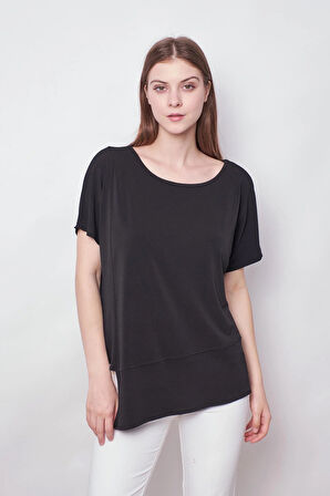 Kadın Likralı Krep Kumaş Kayık Yaka Düşük Omuzlu Asimetrik Bluz-Siyah