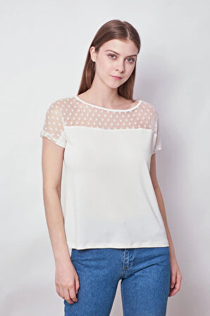 Kadın Likralı Krep Kumaş Puanlı Tül Detaylı Kayık Yaka Düşük Omuzlu Bluz-Krem