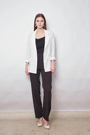 Yazlık Likrasız Keten Kumaş Yakalı Cep Kapaklı Oversize Blazer Ceket-Beyaz