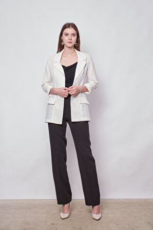 Yazlık Likrasız Keten Kumaş Yakalı Cep Kapaklı Oversize Blazer Ceket-Krem