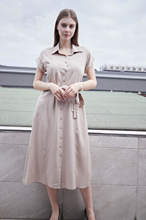 %100  Iyocell Akıcı Şık Kumaş Yakalı Düşük Omuzlu Duble Kollu Bağcıklı Midi Boy Diz Altı Elbise-Taş