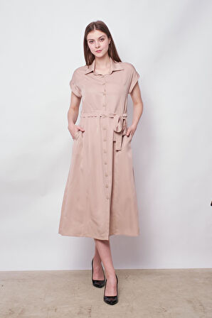 %100  Iyocell Akıcı Şık Kumaş Yakalı Düşük Omuzlu Duble Kollu Bağcıklı Midi Boy Diz Altı Elbise-Taş