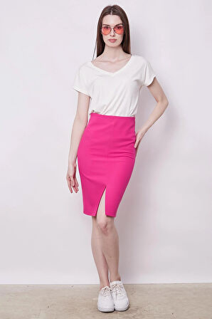 Kadın Yüksek Bel Önden Yırtmaçlı Hafif Likralı Şık Kumaş Diz Altı Ofis Kalem Etek-Fujya 