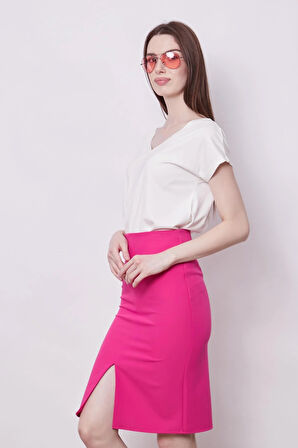 Kadın Yüksek Bel Önden Yırtmaçlı Hafif Likralı Şık Kumaş Diz Altı Ofis Kalem Etek-Fujya 