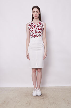 Kadın Yüksek Bel Önden Yırtmaçlı Hafif Likralı Şık Kumaş Diz Altı Ofis Kalem Etek-Krem 