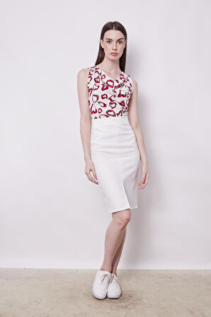 Kadın Yüksek Bel Önden Yırtmaçlı Hafif Likralı Şık Kumaş Diz Altı Ofis Kalem Etek-Krem 