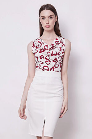 Kadın Yüksek Bel Önden Yırtmaçlı Hafif Likralı Şık Kumaş Diz Altı Ofis Kalem Etek-Krem 