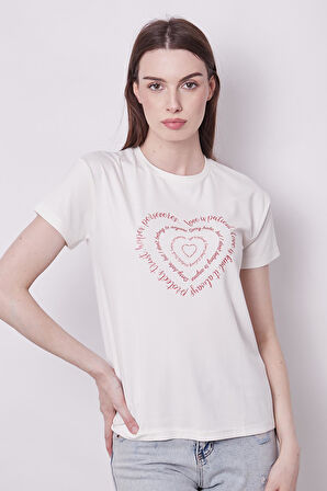 Baskılı Sıfır Yaka Kırışmaz Span Karışımlı Şık Kısa Kol T-shirt Bluz-Kalp Baskılı