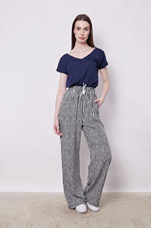 Baharlık Kumaş Desenli Vual Bol Kesim Pantolon-Lacivert Çizgi
