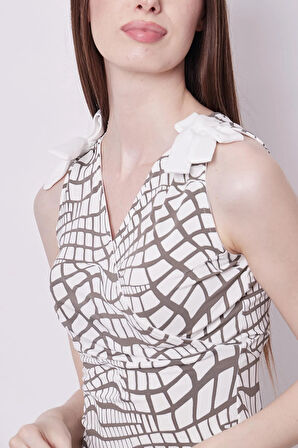 Desenli Likralı Kumaş Anvelop Kruvaze Ön Arka V Yaka Omuzları Bağcıklı Body Bluz-Vizon Desen