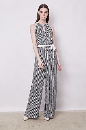 Desenli Vual Kruvaze Anvelop Derin Kolsuz Yakası Bağcıklı Bol Paça Tulum -Lacivert Çizgi 