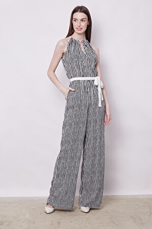 Desenli Vual Kruvaze Anvelop Derin Kolsuz Yakası Bağcıklı Bol Paça Tulum -Lacivert Çizgi 